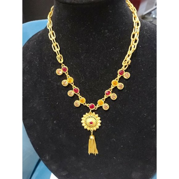 Victorian Inspired ROSA FLORES Gold tone Red and orange Pendant Necklace - Picture 5 of 12